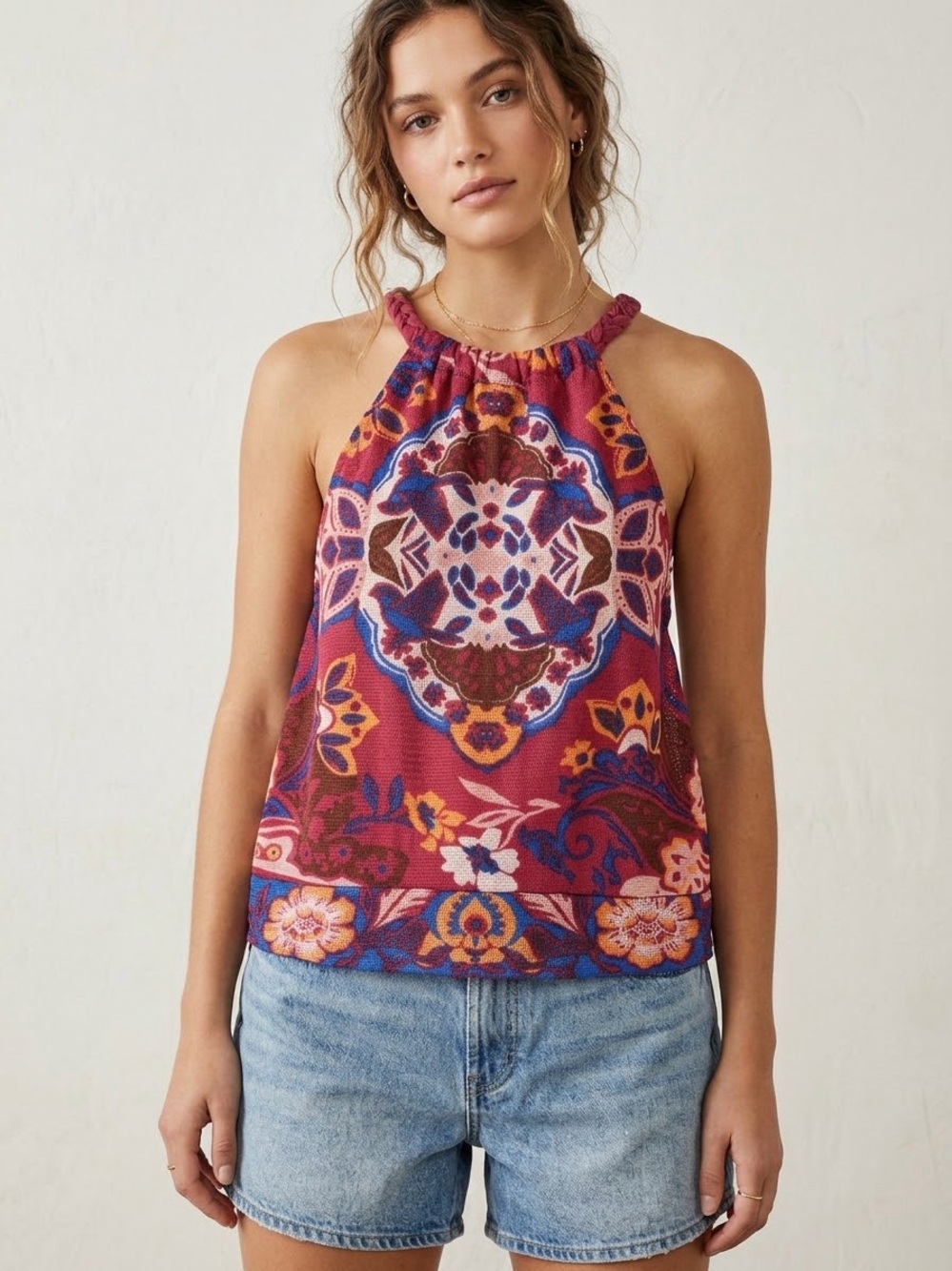 Free People Red Multi Halter Camisole with Boho Medallion Print